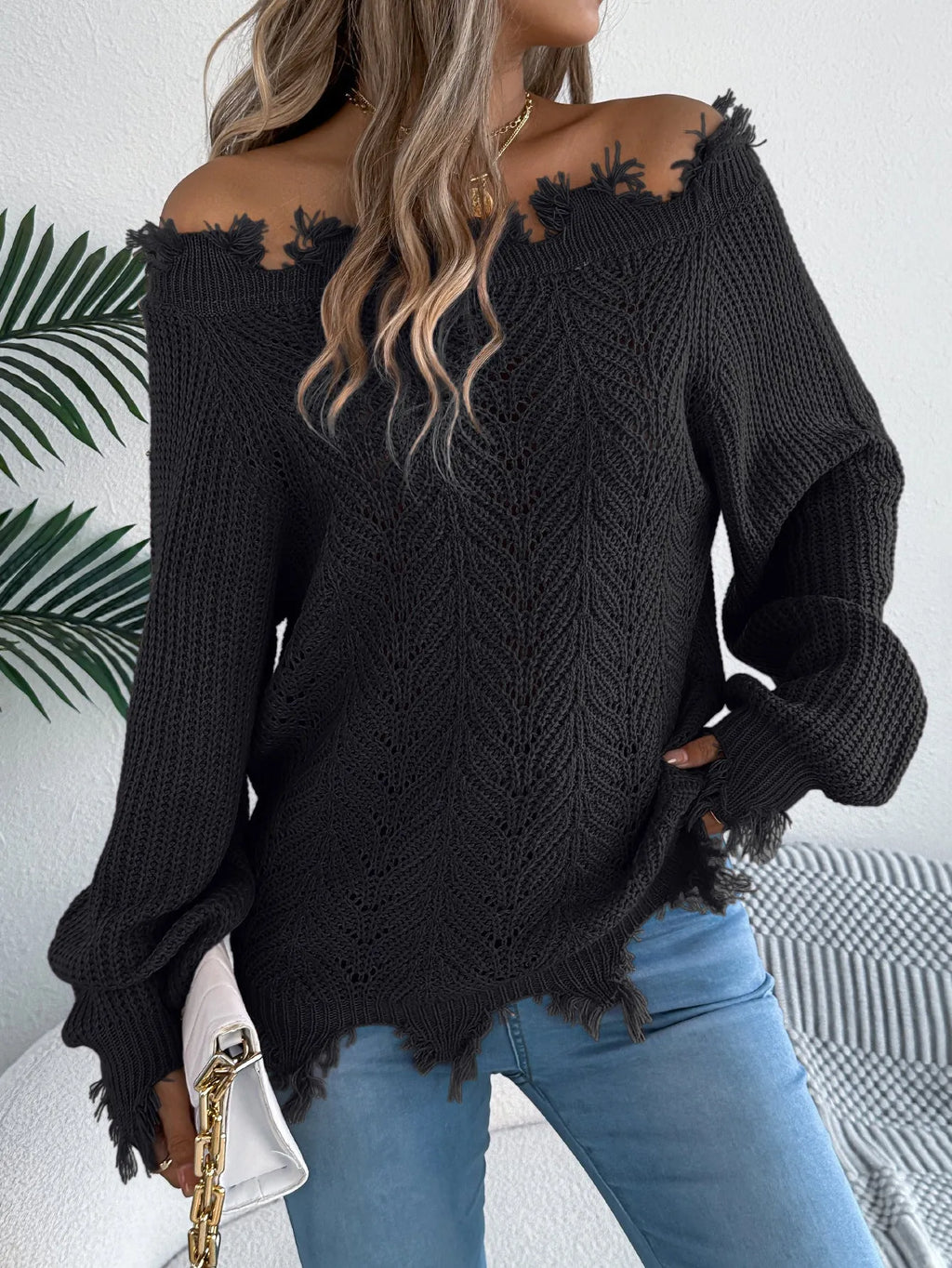 White cut-off-shoulder pullover sweater with hollow-out design and long sleeves