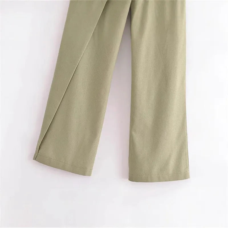 Women's linen-cotton blend straight-leg trousers in khaki, mid-waist, size M, casual street fashion style