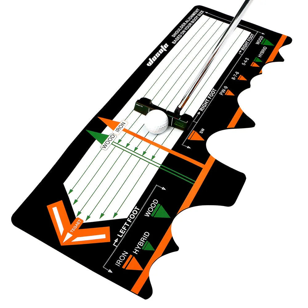 Black neoprene golf swing stance correction mat with alignment markings for practice