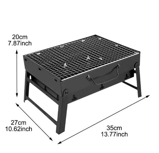 Portable folding grill rack with cold-rolled plate furnace and iron chrome grilling net, unfolded on grass