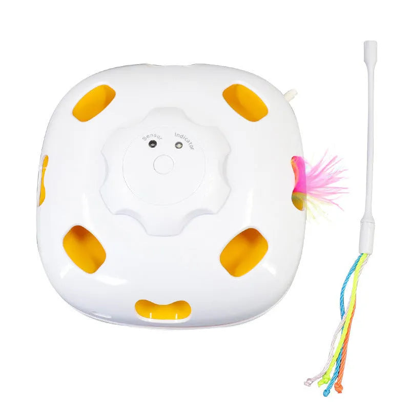 Automatic self-playing cat teaser toy in pictured colour, dimensions 19.8 by 11.5 by 19.5 cm.