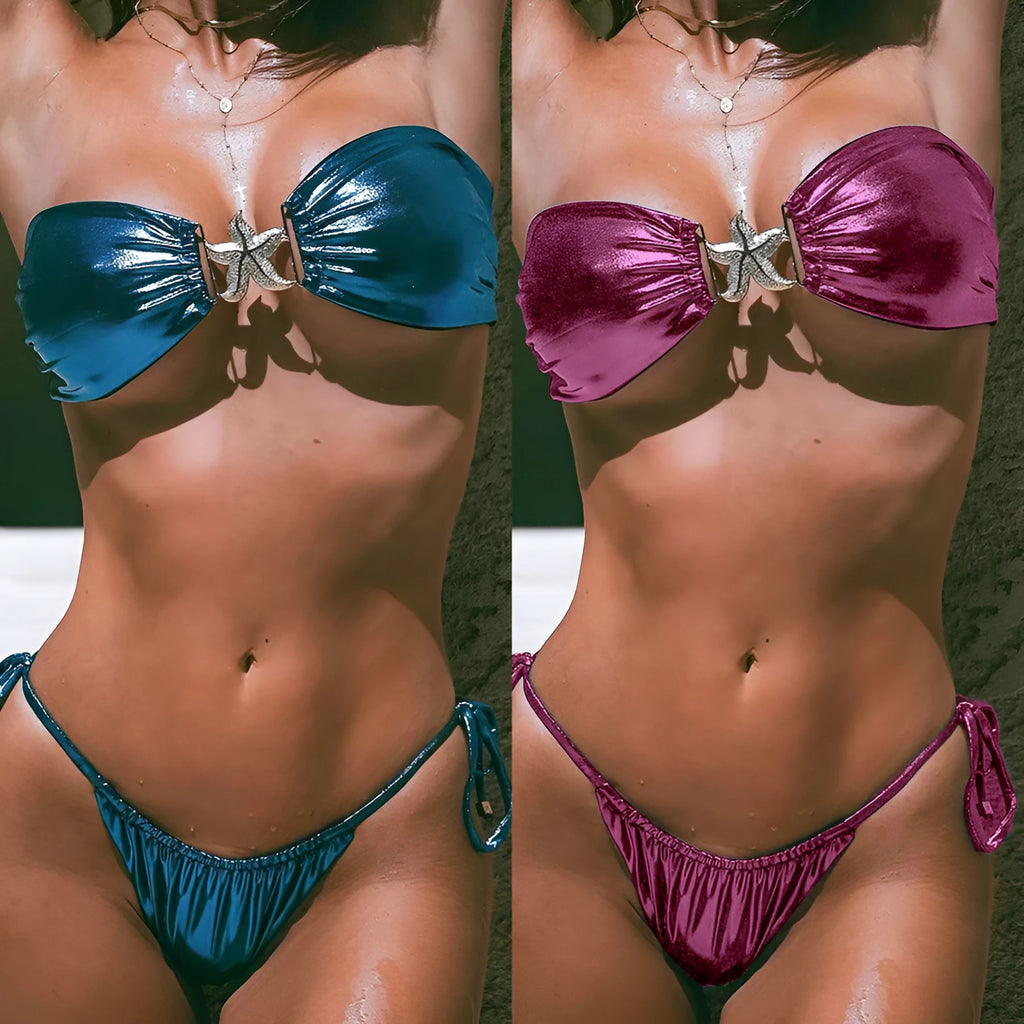 Women's glossy blue tube top bikini with gold starfish detail on quick-drying polyester fabric