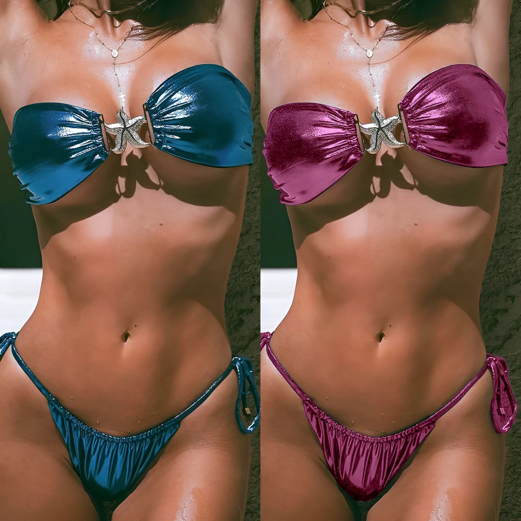 Women's glossy blue tube top bikini with gold starfish detail on quick-drying polyester fabric