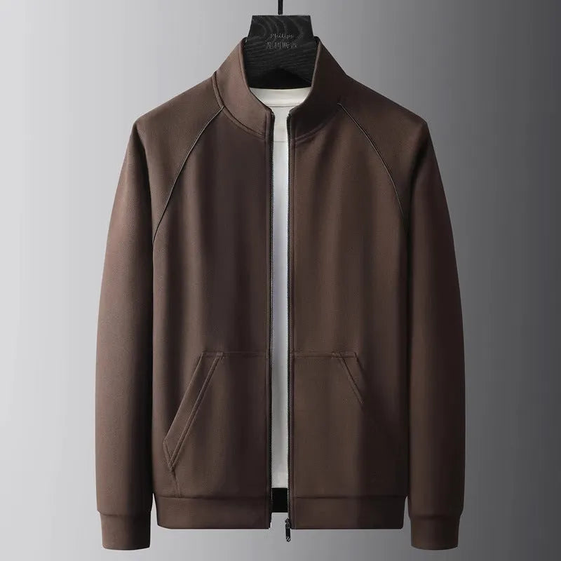 Men's slim fit stand collar casual sports suit set in a choice of colours, featuring a coat and matching trousers.