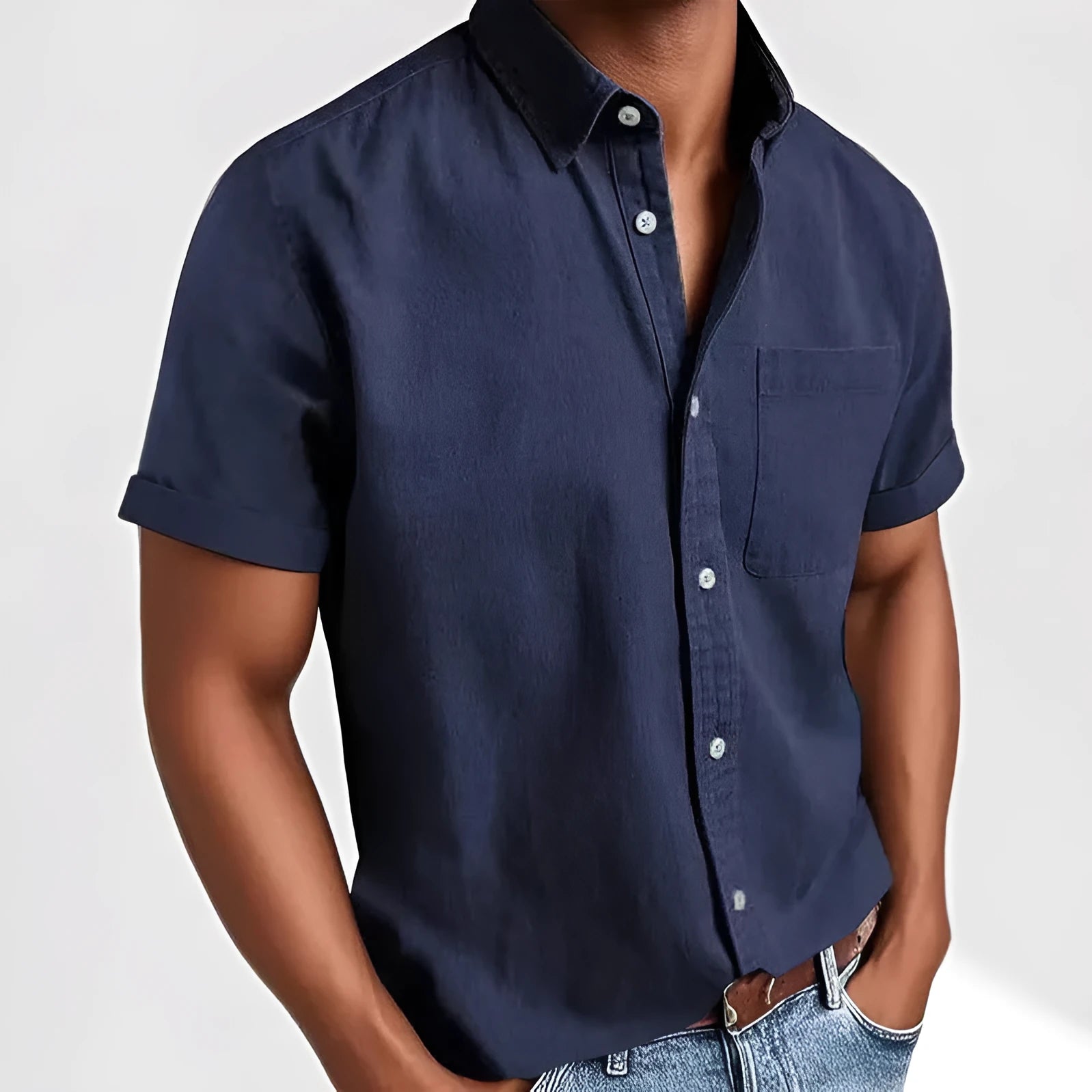 Men's loose fit short sleeve casual shirt in cotton blend fabric showing multiple colour options