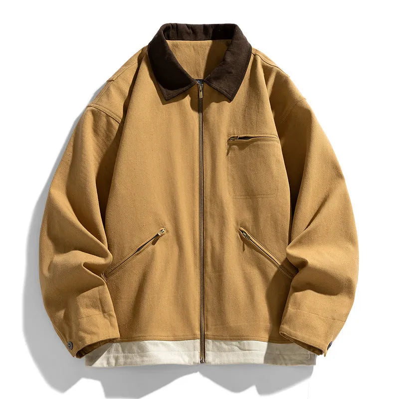 Men's Korean-style loose-fit workwear jacket with contrast colour lapels in polyester fabric