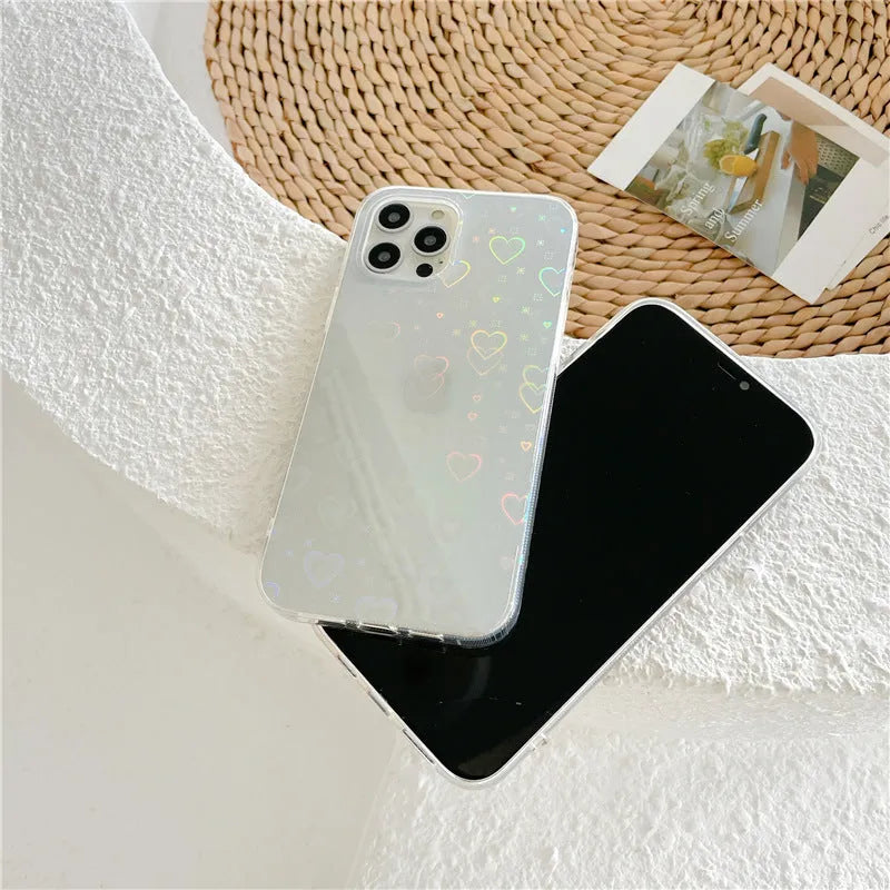 Transparent silicone iPhone case with laser colourful love design shown on an iPhone