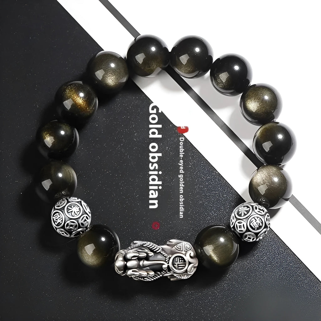 S999 silver natural obsidian bracelet for men with polished geometric beads on leather cord, 12mm size