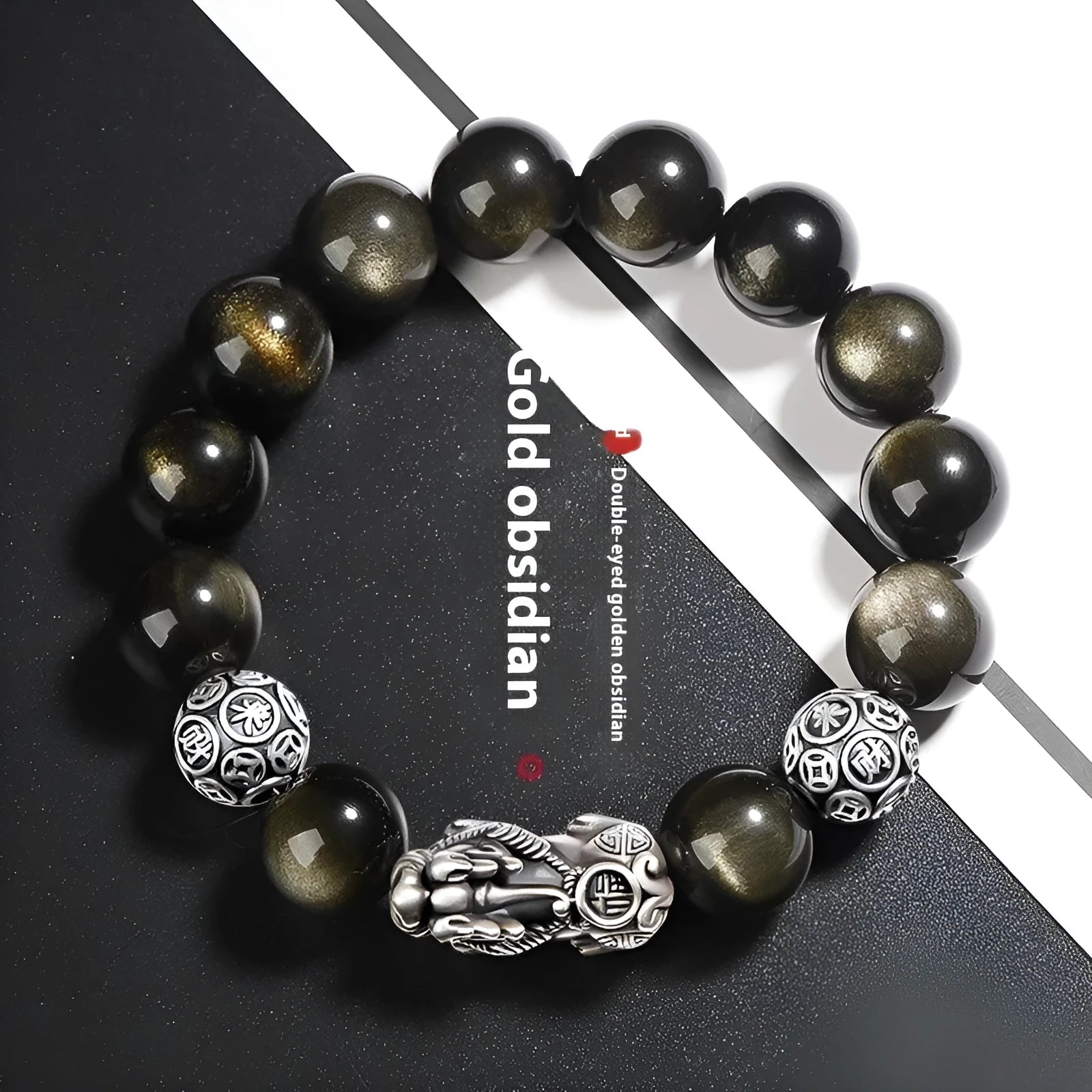 S999 silver natural obsidian bracelet for men with polished geometric beads on leather cord, 12mm size