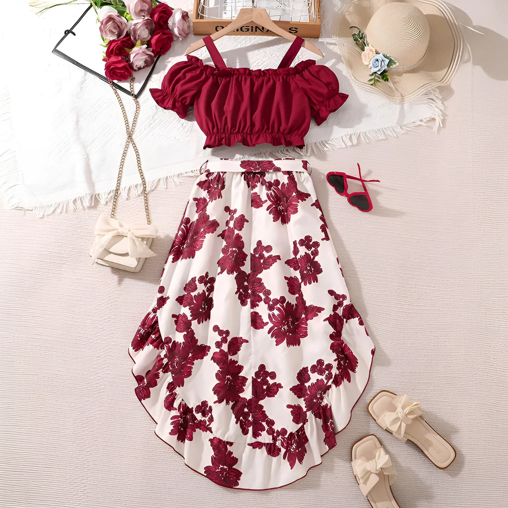 Girls retro printing two-piece set with solid colour top and flower print skirt, pink, polyester fiber