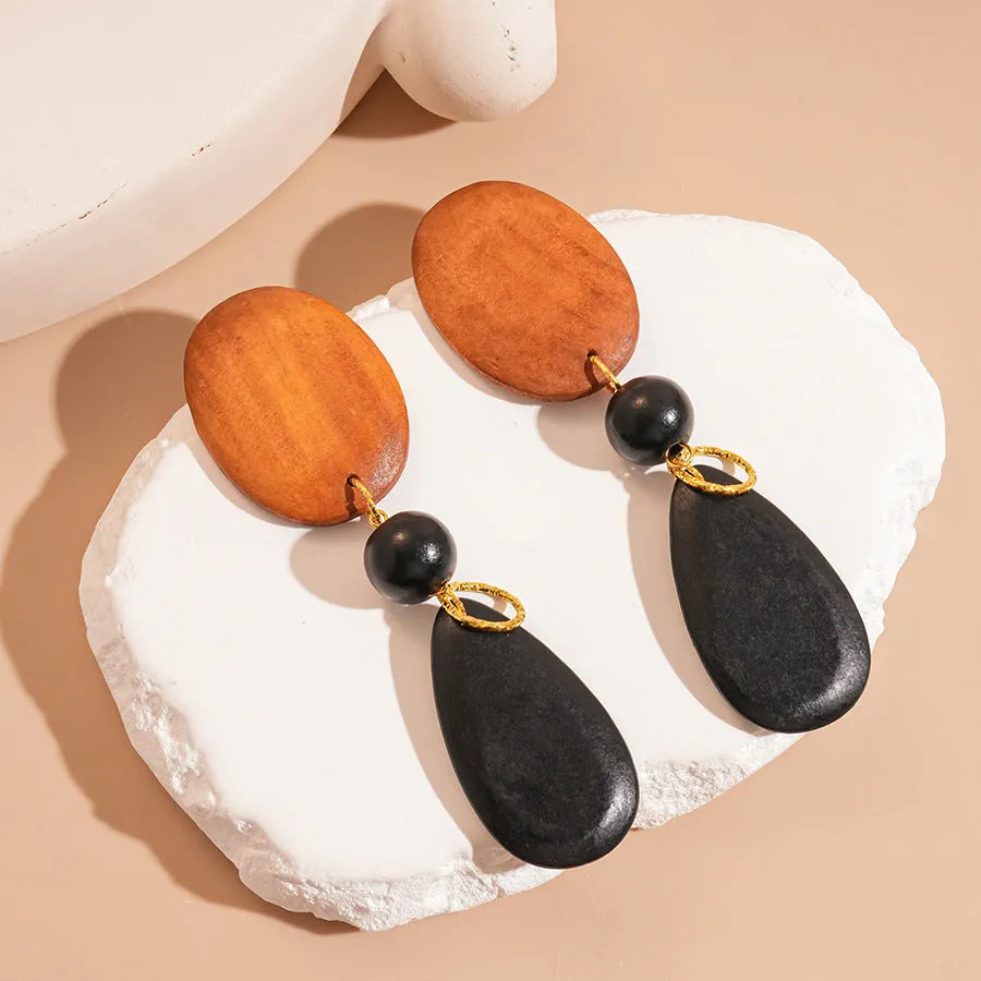 Handcrafted wooden ellipse earrings with silver needle-brown-black colouring in European retro style