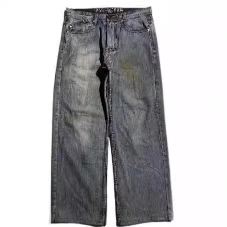 Grey washed-out men's jeans with a straight wide-leg cut and mid-rise waist