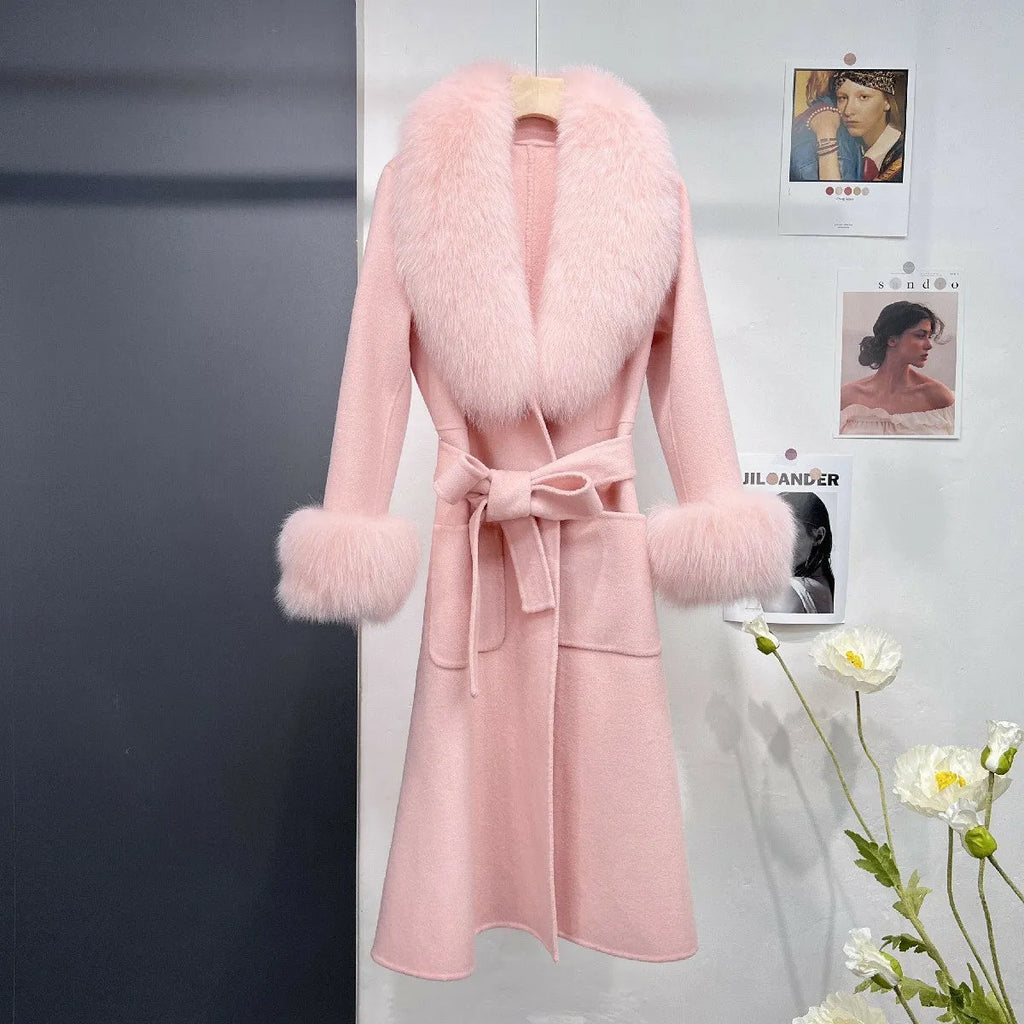 Women's double-sided wool long coat with detachable fox fur collar in cream, autumn winter cloak style