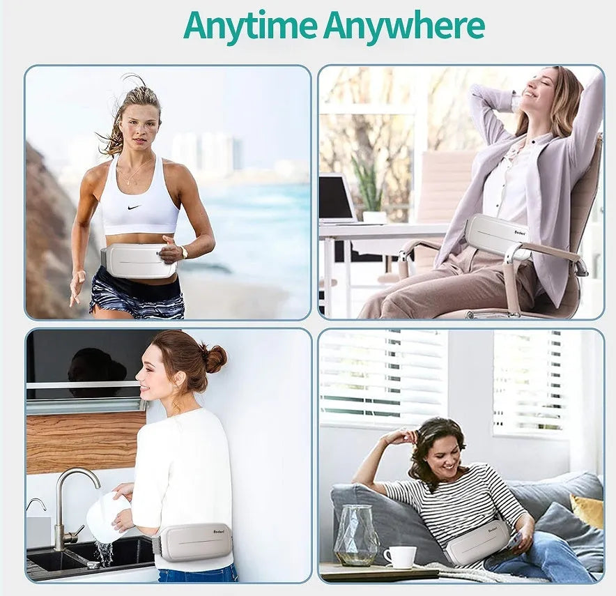 Adjustable abdominal toning belt with electrodes and wireless remote control.