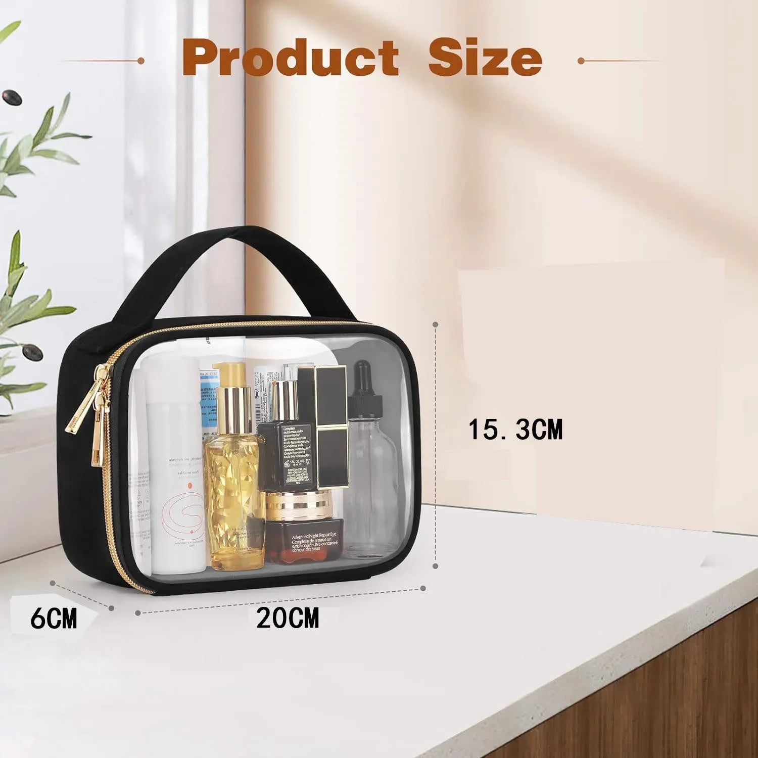 Clear PVC lipstick storage wash bag with zip and chain handle in leopard print colour.