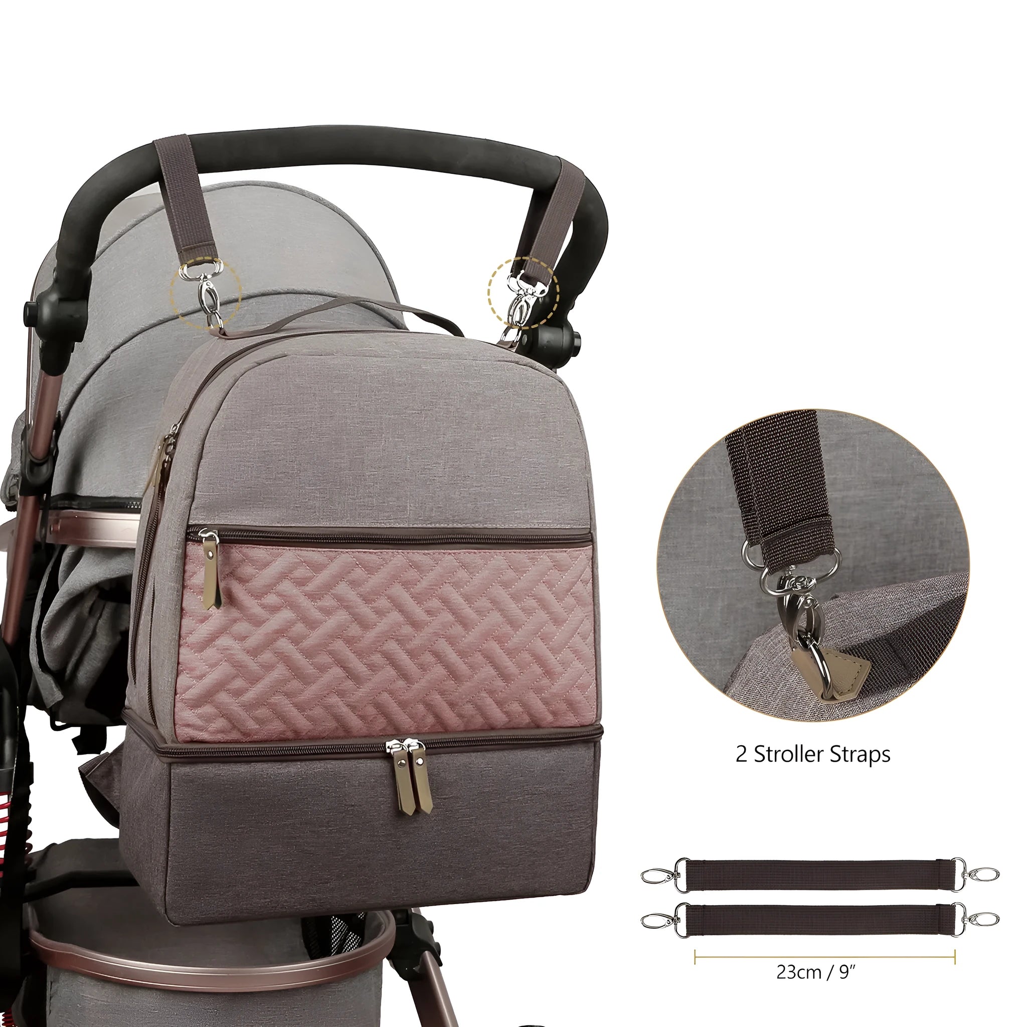 Mother and child travel insulated mummy backpack in brown Oxford cloth with curved shoulder strap