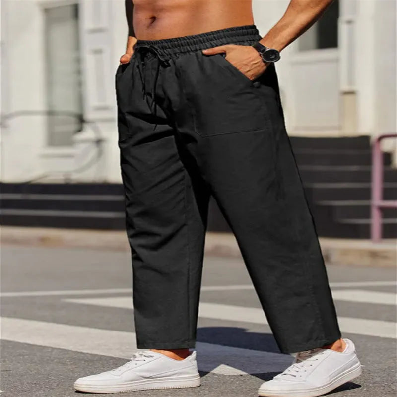 Men's linen solid colour casual elastic waist outdoor daily breathable tube pants in khaki