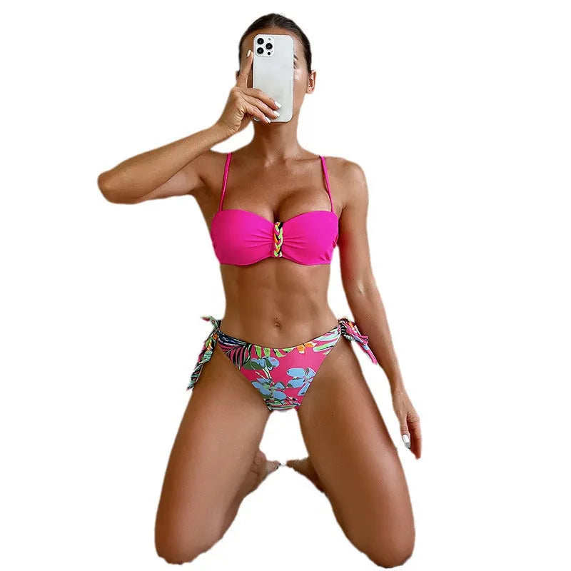 Women's braid rope bikini set in rose red polyester fibre, sizes S to XL, for swimming and water sports