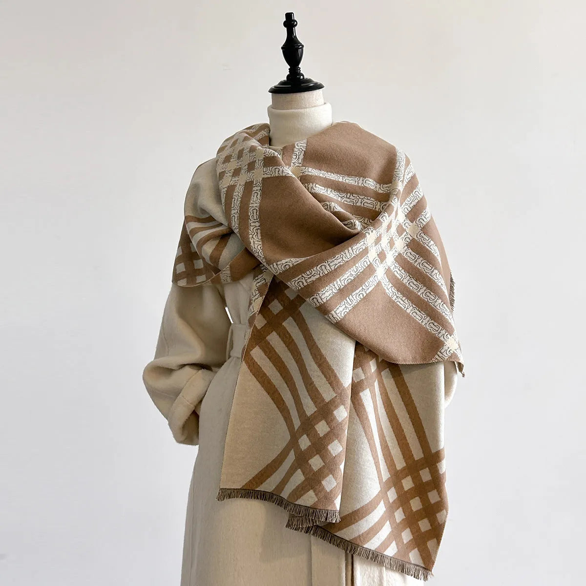 Qianjin imitation cashmere scarf in brown with tassel detailing, 185cm long and 65cm wide