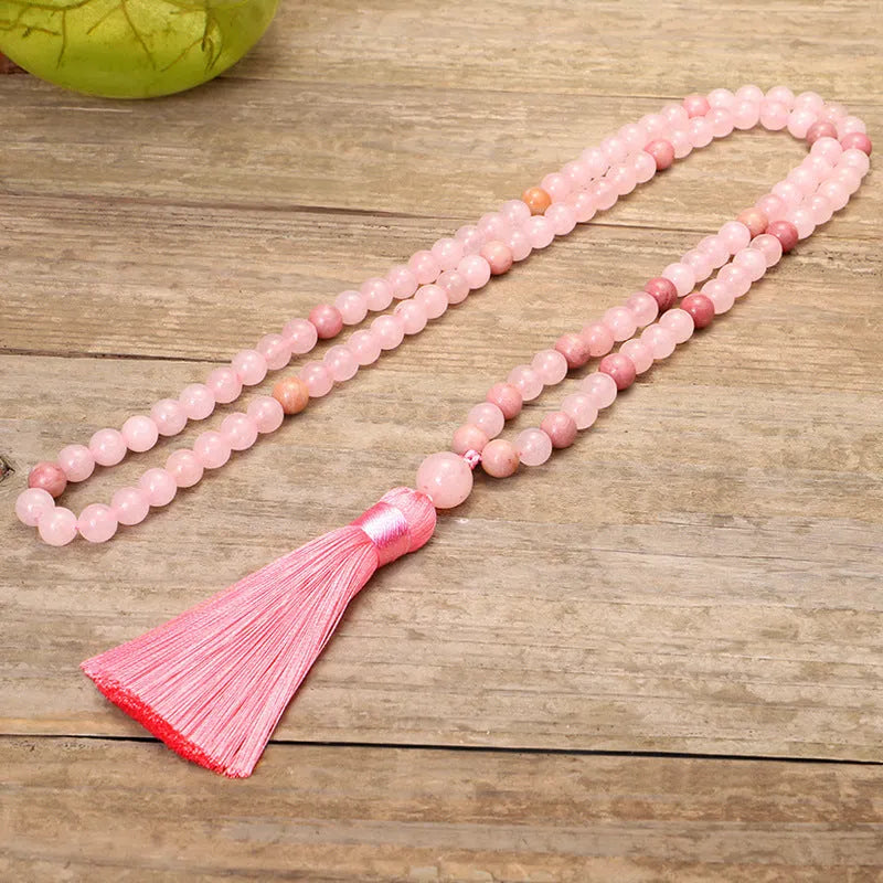 Stone bead long fringe tassel pendant necklace with adjustable 51-80cm ball chain, drop shape design