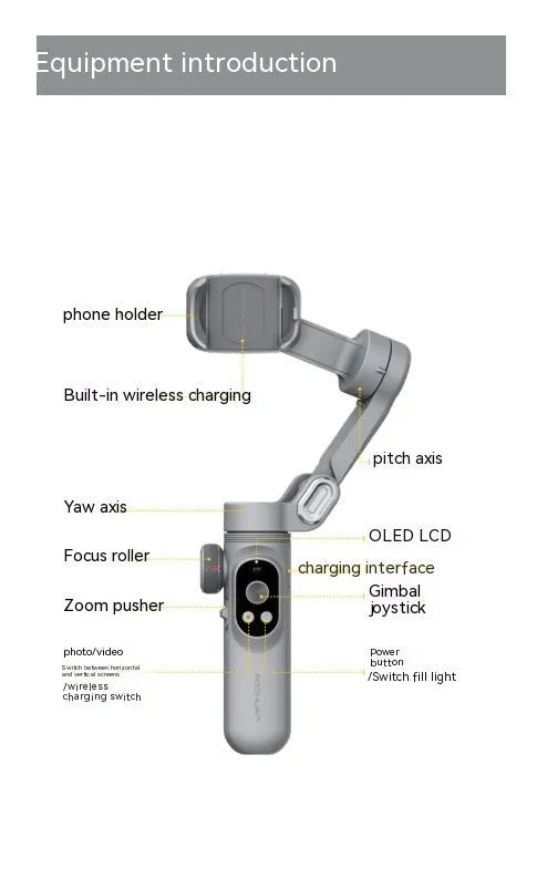 Pro Mobile PTZ Stabilizer three-axis anti-shake gimbal for smartphone in silver grey with ABS body and tripod