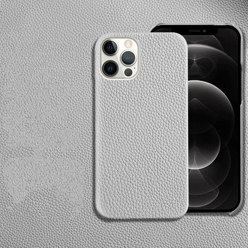 Genuine leather iPhone protective case in beige colour, showing minimalist half-frame design on an iPhone model.