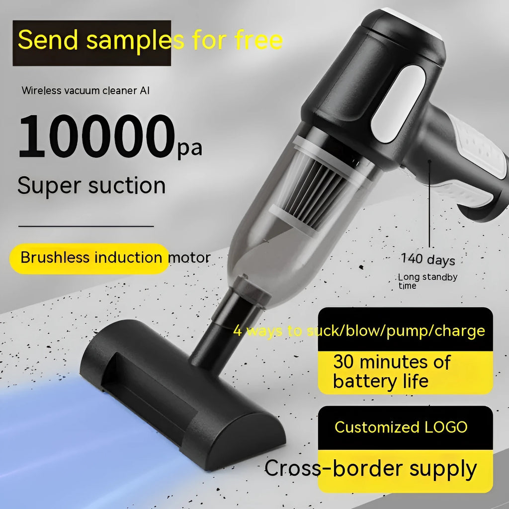 Car wireless handheld vacuum cleaner with strong suction, 4000mAh battery, and Type-C charging port, black model with attachments