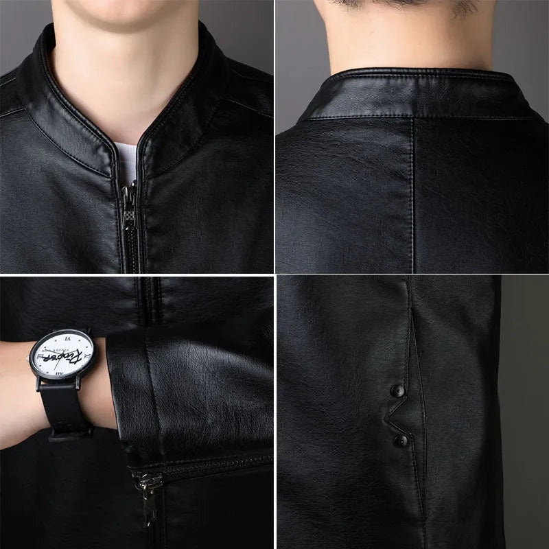 Men's PU leather jacket loose fit medium length 65cm in black, brown, and purplish red