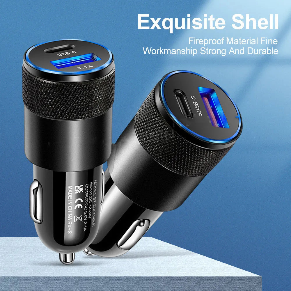Aluminium alloy mobile phone car charger 12V input 2.5x6cm ABS plastic in Black Silver finish