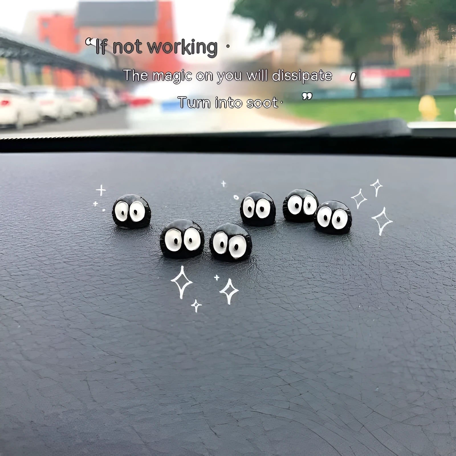 Black resin cartoon briquette car ornament with small coal pieces for dashboard decoration