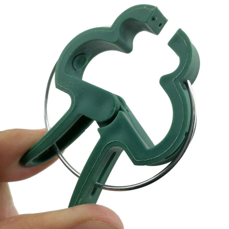 Green plastic plant fixing clips for climbing plants including tomatoes and beans