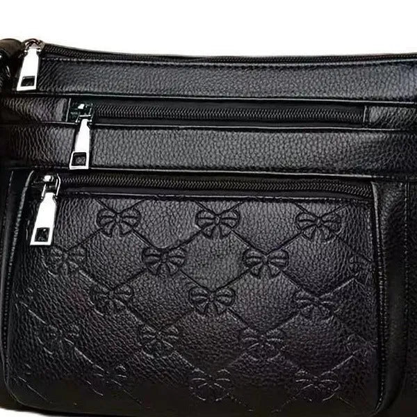 Butterfly black PU horizontal square crossbody bag with sewing thread details and slit pocket