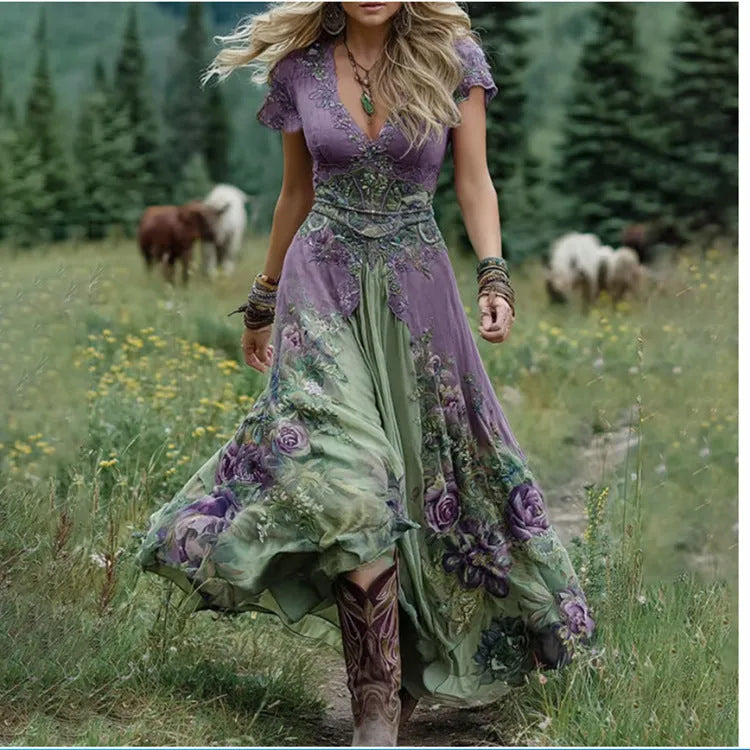 Women's loose all-match creative pattern totem deep V short sleeve dress in artistic retro style, polyester long skirt