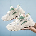 Beige green low top mesh casual shoes with rubber sole, flat heel, and round toe