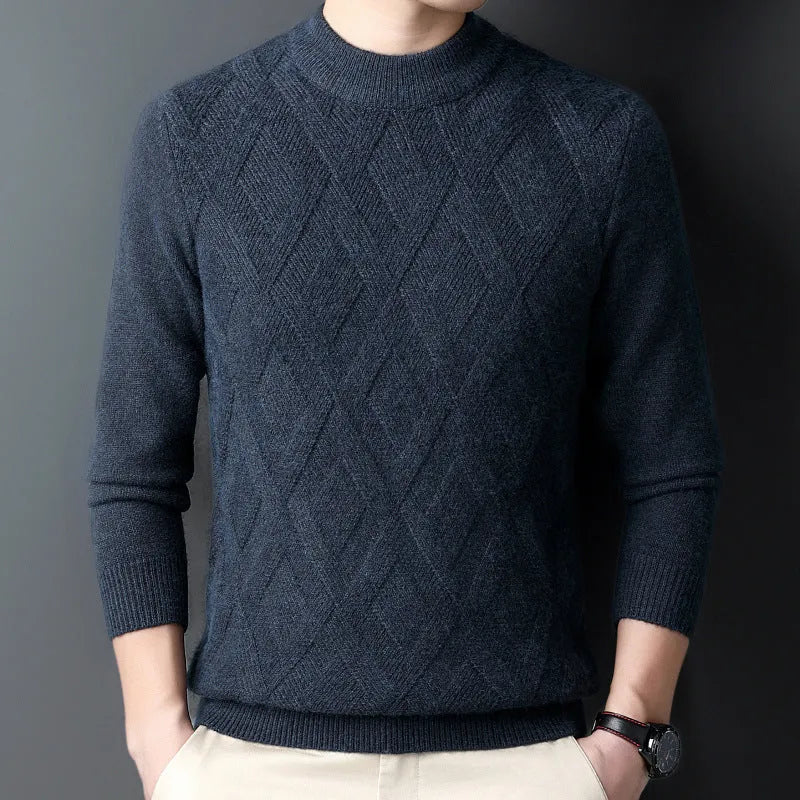 Men's thick wool blend diamond jacquard sweater in light camel colour showing texture detail