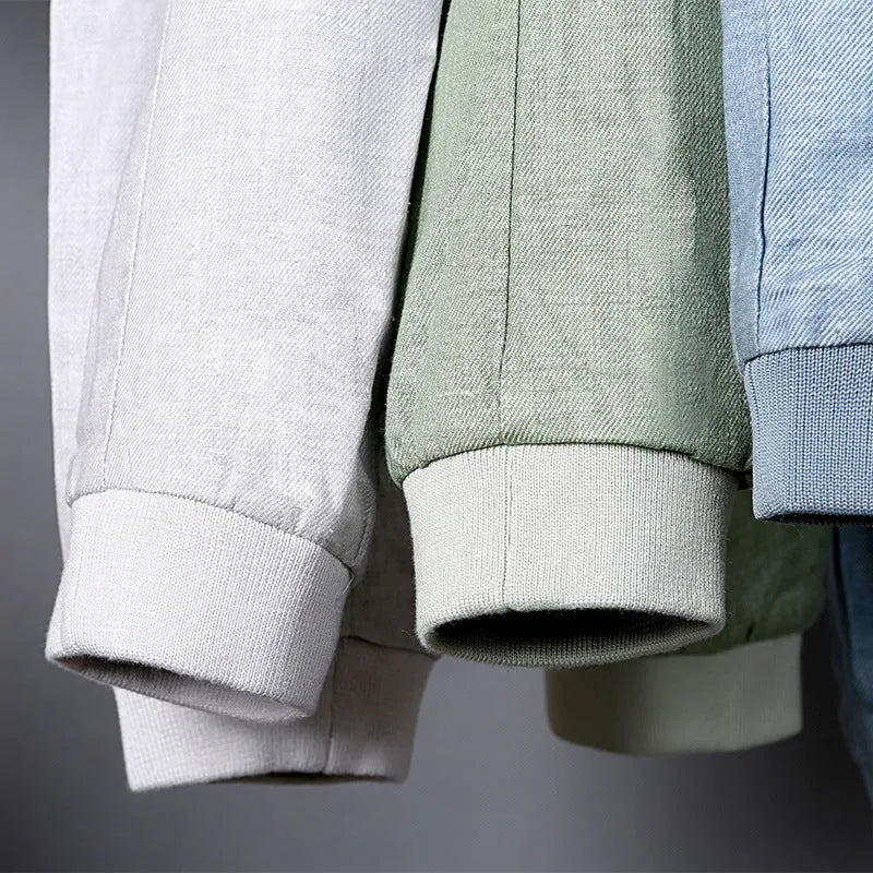 Men's thin cotton linen jacket in colour block pattern, shown in heather grey, grass green, and blue colour options.