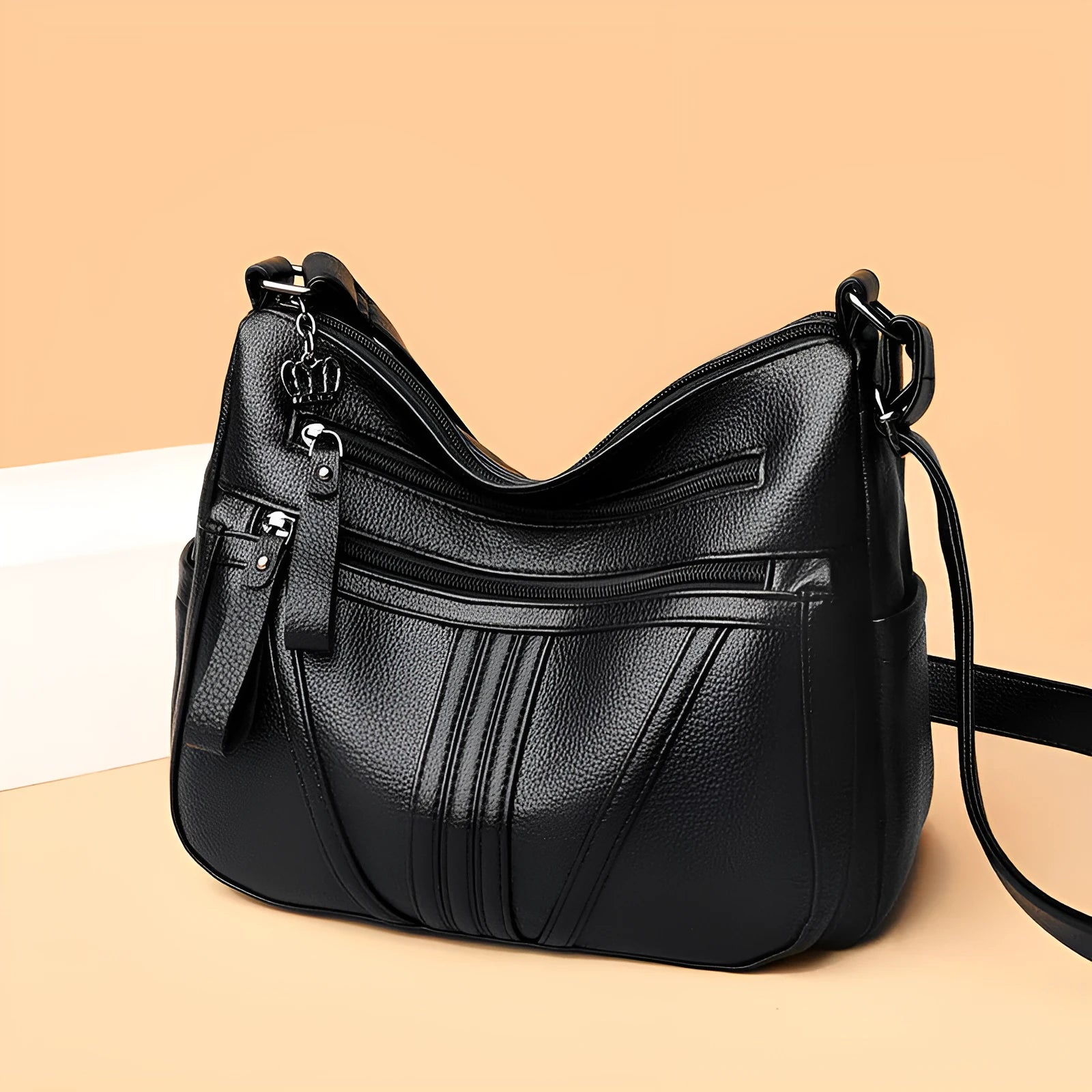 Genuine leather horizontal square shoulder messenger bag with stitching and contrast colour details in black