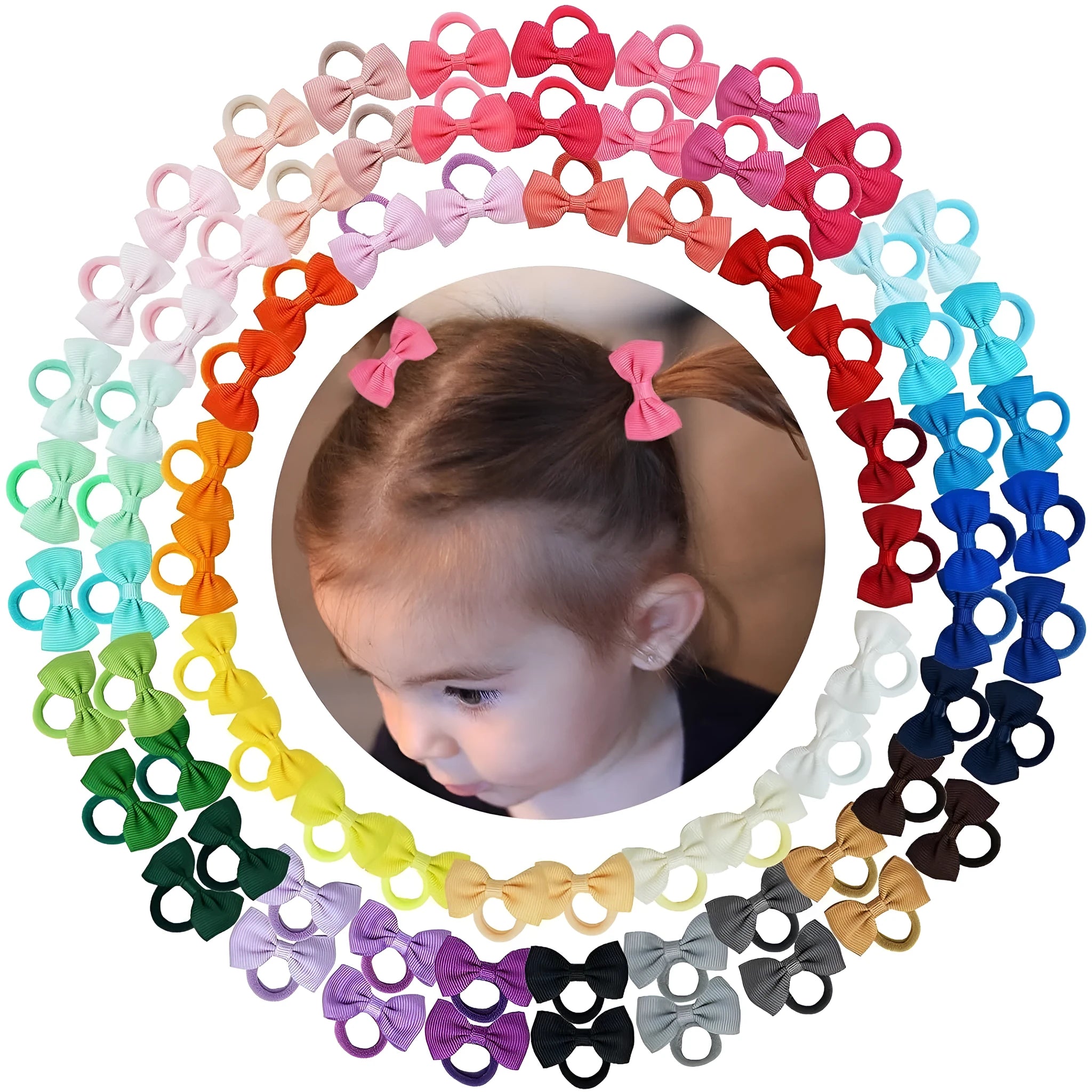 80-piece baby hair ties with bows in 40 colour pairs, 2-inch grosgrain ribbon bows on soft elastic bands
