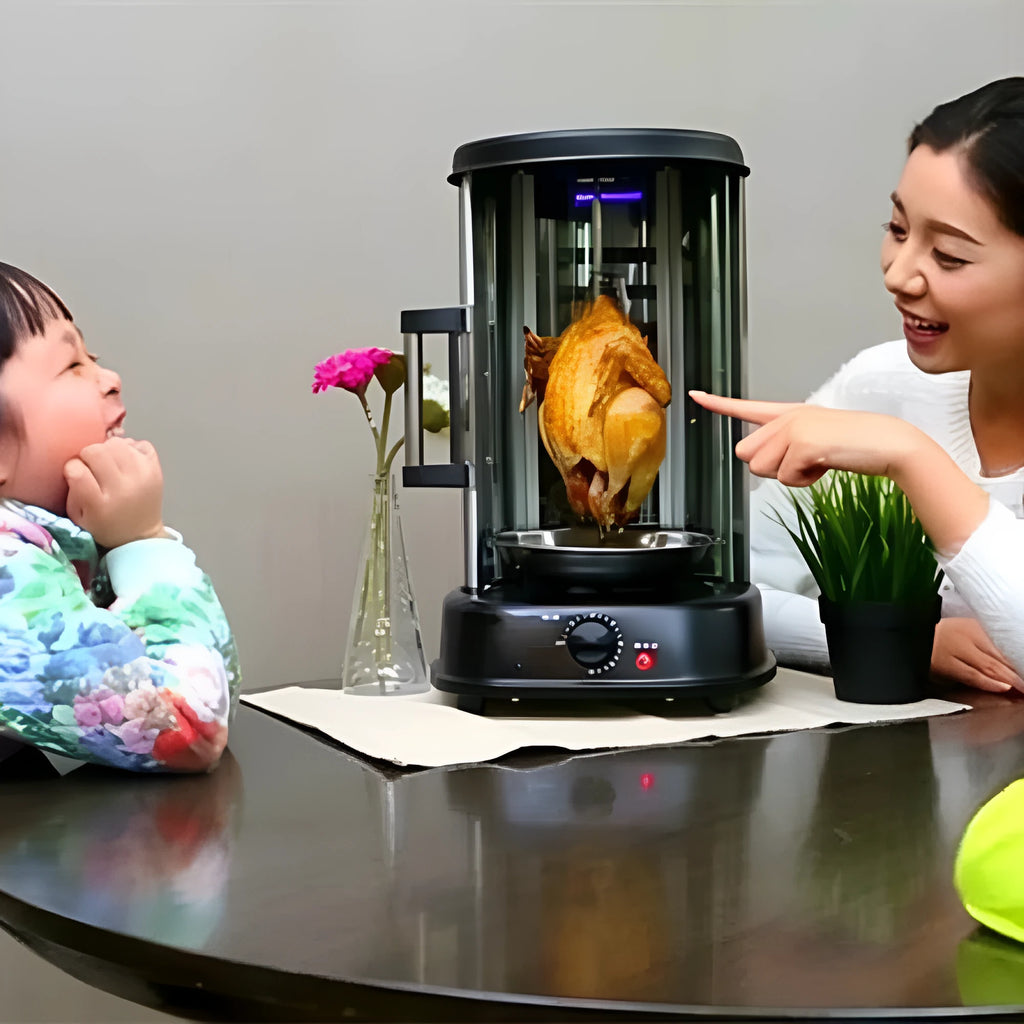 Black 21L electric rotisserie with glass door, control dials, and stainless steel interior