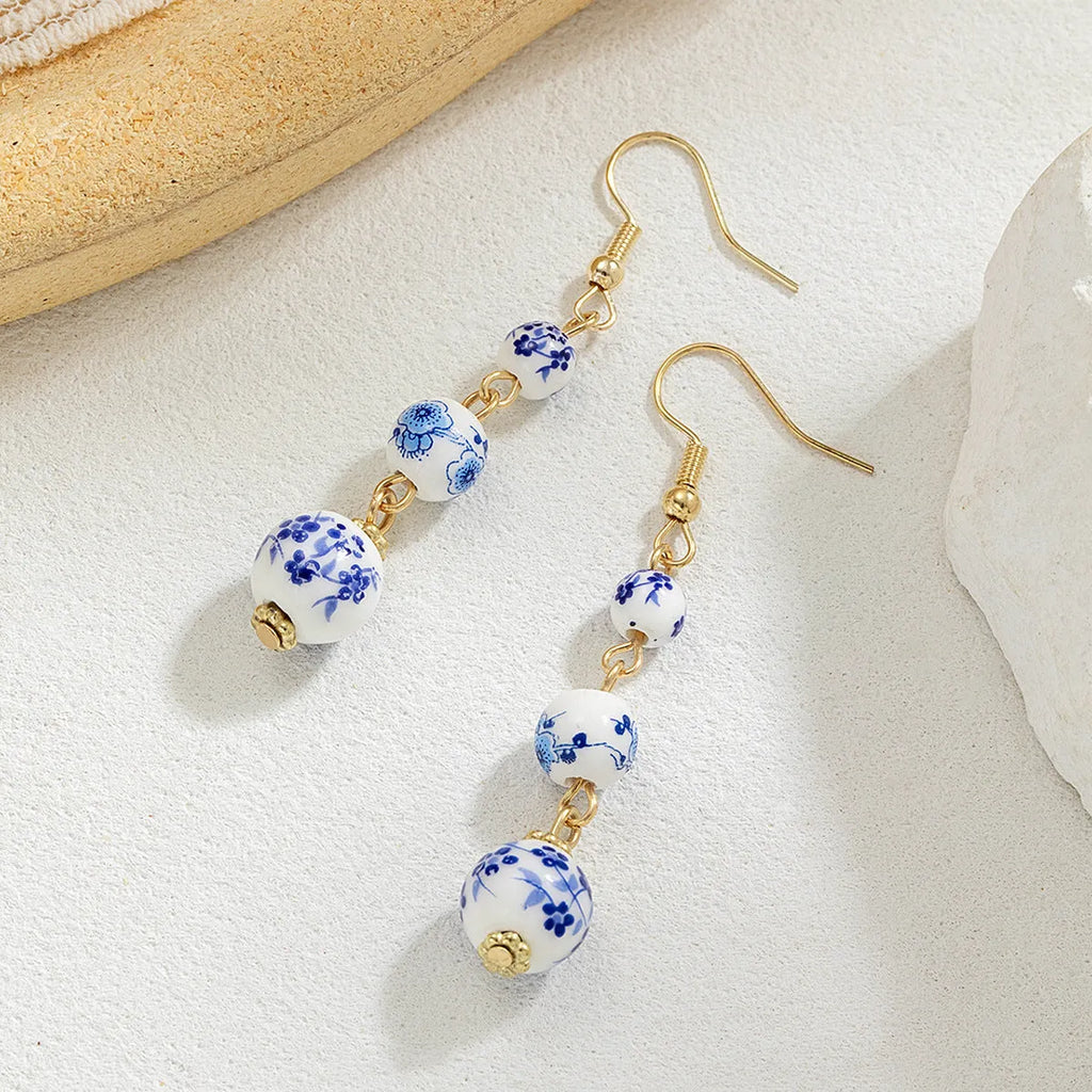 Blue and white porcelain ceramic bead long retro drop earrings on alloy hook