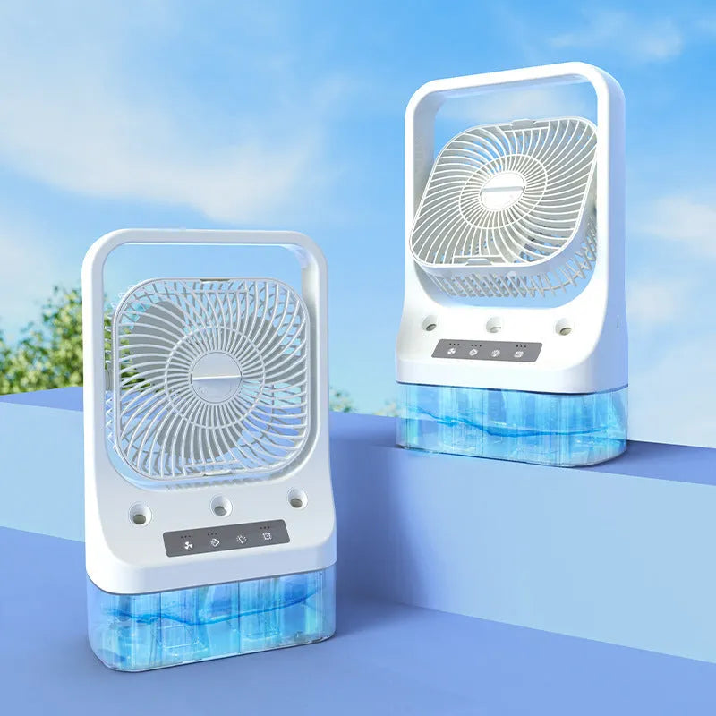 White USB rechargeable cooling fan with three-spray nozzle humidifier and adjustable head