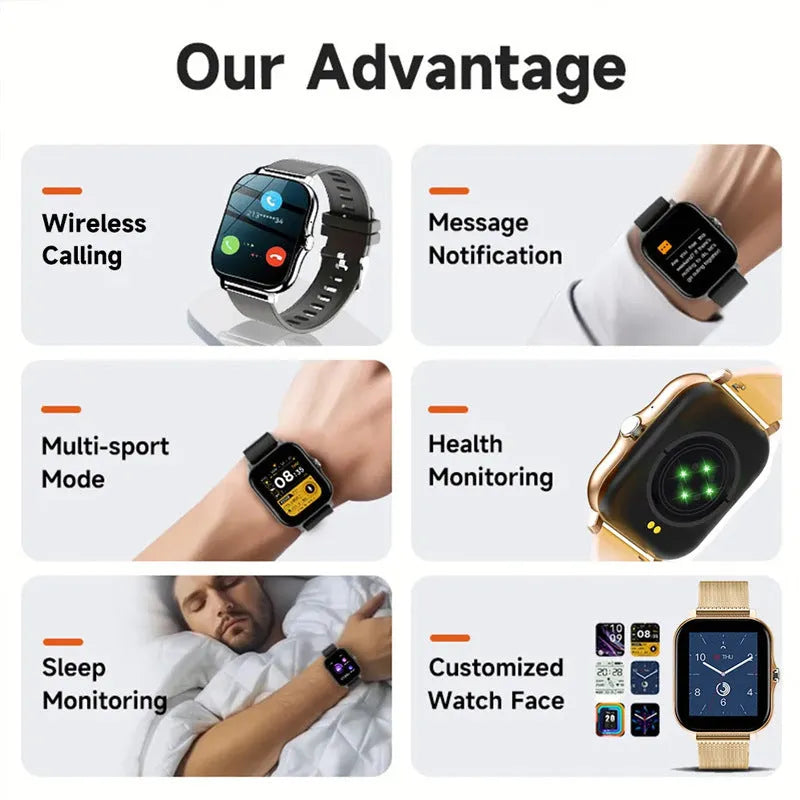 Smart watch with touch screen showing Bluetooth calling interface and health metrics