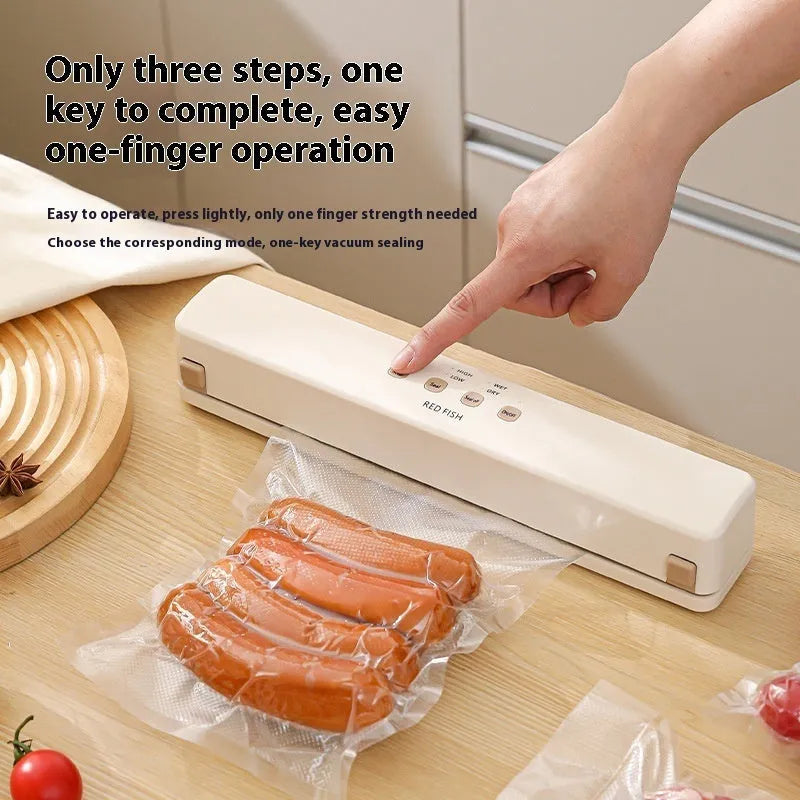 Off-white plastic vacuum sealing machine for home food packaging on a kitchen counter