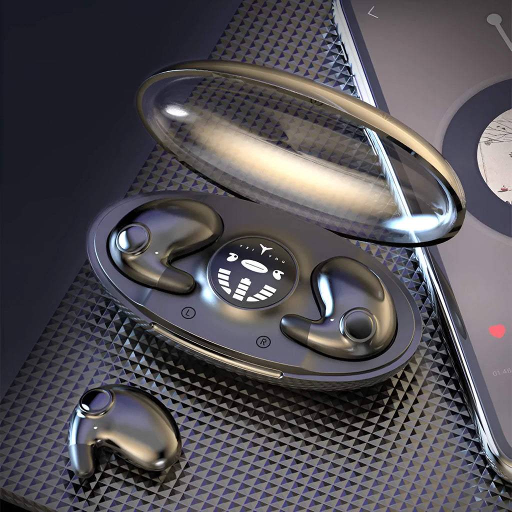 Dual stereo sleep Bluetooth headset wireless in black MD538 with charging compartment