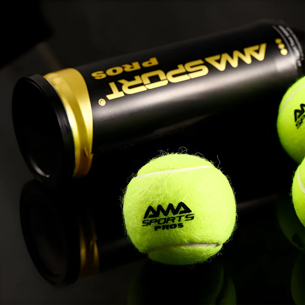 Set of three high elasticity cage plate tennis training balls in black, green, and yellow
