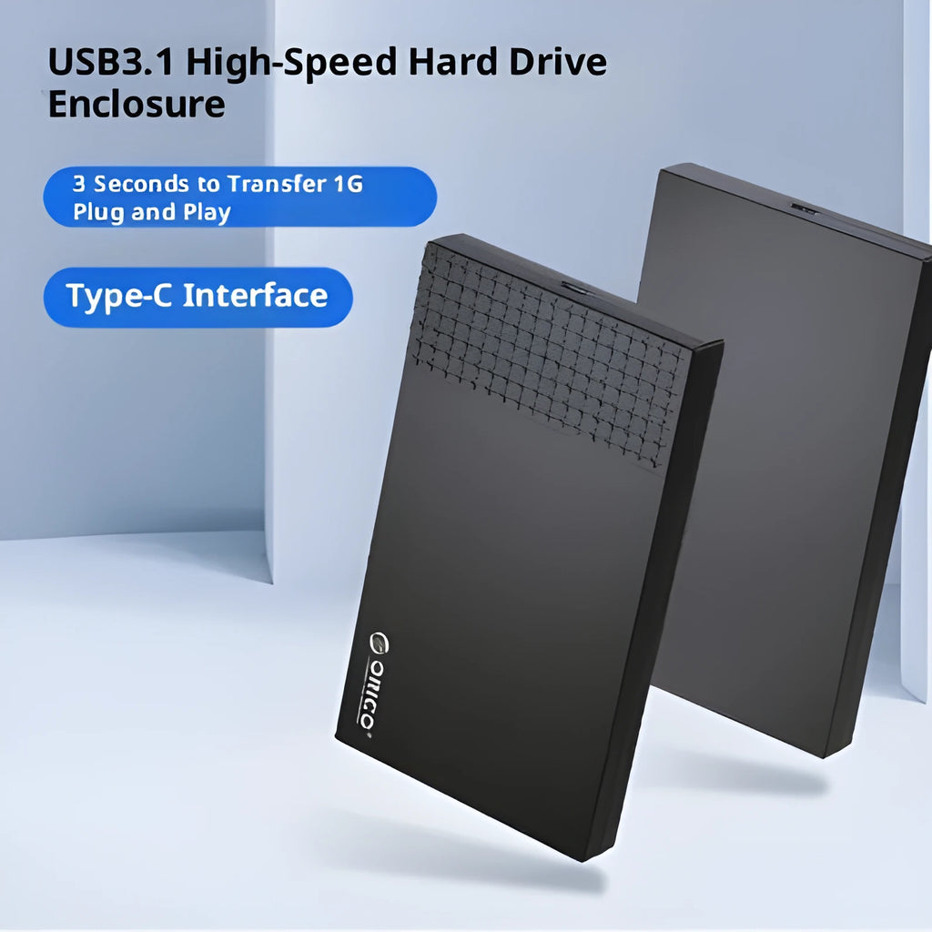 Black ABS plastic 25-inch Type-C external hard disk enclosure with USB 3.1