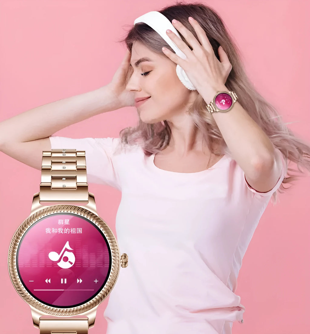 AK38 Ladies Smart Watch with metallic stainless steel band on a wrist, showing its 1.09-inch colour screen.