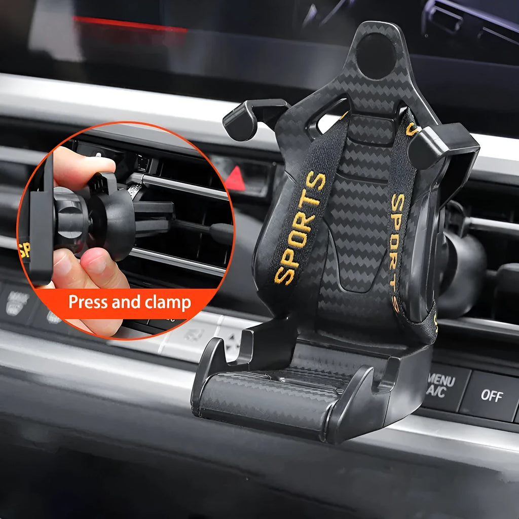Racing seat shape car phone holder mounted on air vent with gold tape design
