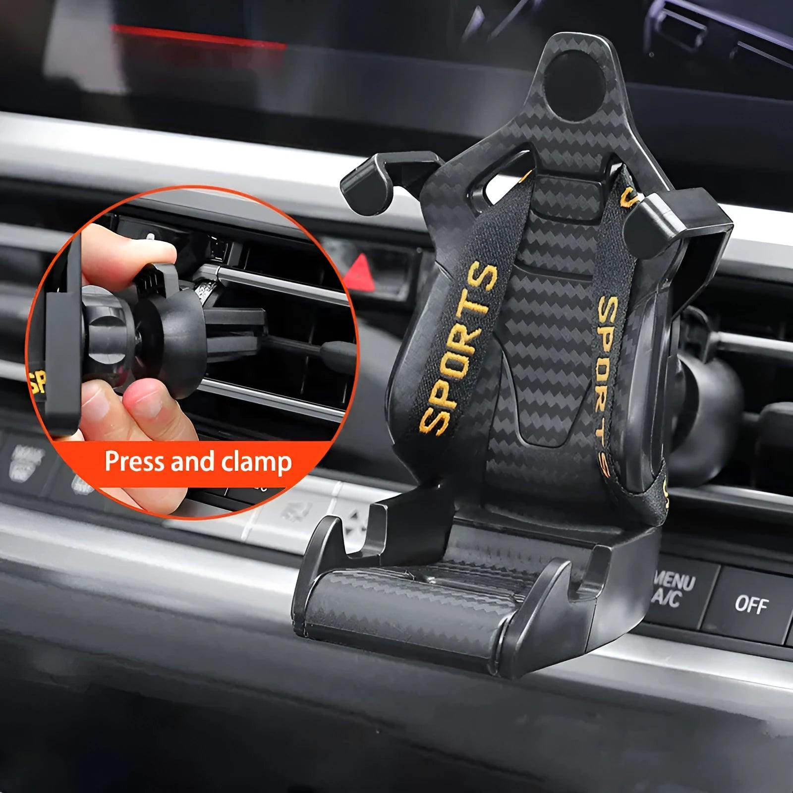 Racing seat shape car phone holder mounted on air vent with gold tape design