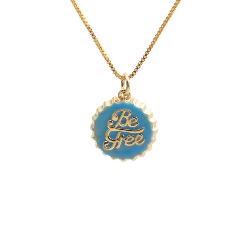 Copper bottle cap pendant necklace with electroplated 18K gold finish on 40cm box chain